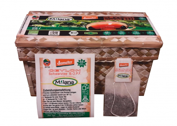 25 MILANA Ceylon DEMETER Organic BLACK TEA BAGS BOPF Broken Orange Pekoe Fannings packed into handwoven baskets with 55 percent benefits support . The tea, ... that tastes like love. Fairly and sustainably manufactured.
